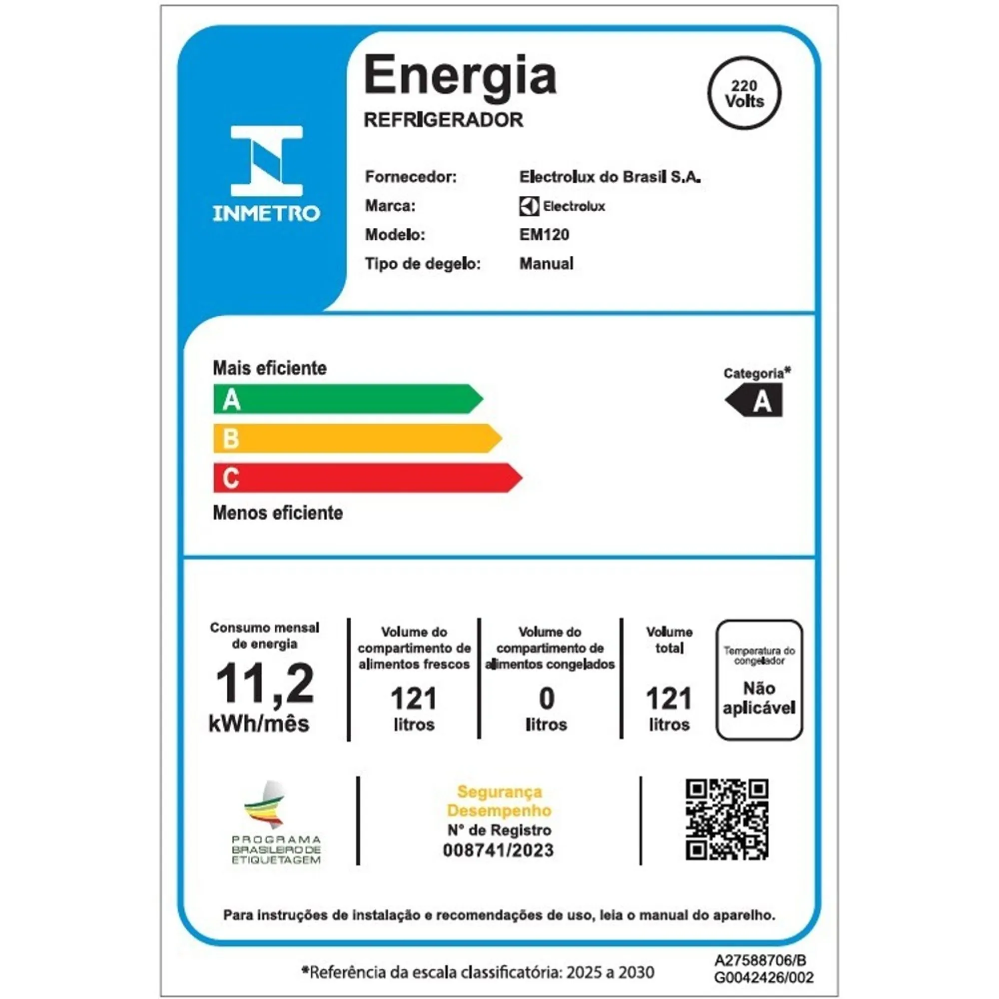 Frigobar Electrolux 121L Efficient com Controle de Temperatura Cor Branca (EM120)
